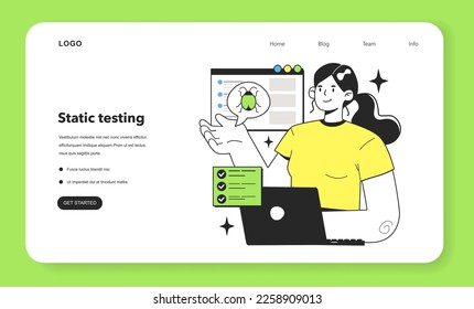 Software testing and debugging web banner or landing page. IT specialist searching for bugs using method of static testing. Website and application development. Flat vector illustration