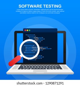 Software testing. Software development workflow process coding testing analysis concept. Vector stock illustration.