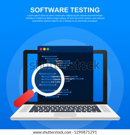 Software testing. Software development workflow process coding testing analysis concept. Vector stock illustration.