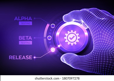 Software testing engineering concept. Alpha Beta Release testing. Wireframe hand turning a test process knob and selecting Release product mode. Software or app development phases. Vector illustration