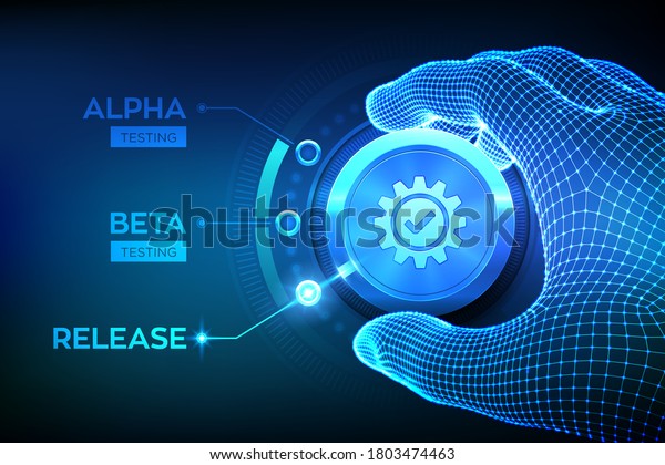 Software testing engineering concept. Alpha\
Beta Release testing. Wireframe hand turning a test process knob\
and selecting Release product mode. Software or app development\
phases. Vector\
illustration