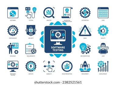 Symbol für Softwaretests eingestellt. Code, Integration, Fehlerverhütung, Qualität, Sicherheit, Anforderungen, Entwicklung, Benutzerfreundlichkeit. Duotone-Farbsymbole