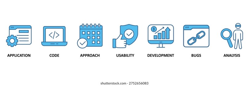 Software testing icon set illustration contain application, code, approach, usability, development, bugs and analysis.