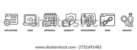 Software testing icon set illustration contain application, code, approach, usability, development, bugs and analysis.