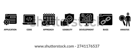 Software testing icon set illustration contain application, code, approach, usability, development, bugs and analysis.
