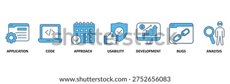 Software testing icon set illustration contain application, code, approach, usability, development, bugs and analysis.