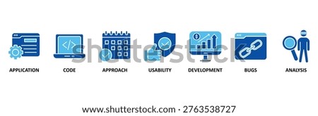 Software testing icon set illustration contain application, code, approach, usability, development, bugs and analysis.