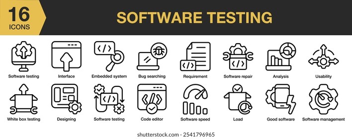 Software Testing icon set. Includes analysis, bug searching, code editor, designing, embedded system, and More. Outline icons vector collection.