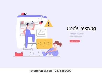 Software testing illustration. Coders working with code testing and debugging, searching bugs. Concept of software testing, bug report, quality assurance, fixing program code. Vector flat design