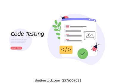 Software testing illustration. Coders working with code testing and debugging, searching bugs. Concept of software testing, bug report, quality assurance, fixing program code. Vector flat design