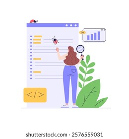 Software testing illustration. Coders working with code testing and debugging, searching bugs. Concept of software testing, bug report, quality assurance, fixing program code. Vector flat design