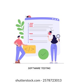 Software testing illustration. Coders working with code testing and debugging, searching bugs. Concept of software testing, bug report, quality assurance, fixing program code. Vector flat design