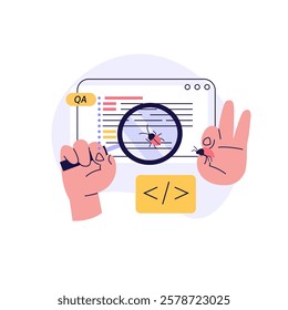 Software testing illustration. Coders working with code testing and debugging, searching bugs. Concept of software testing, bug report, quality assurance, fixing program code. Vector flat design