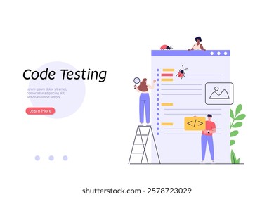 Software testing illustration. Coders working with code testing and debugging, searching bugs. Concept of software testing, bug report, quality assurance, fixing program code. Vector flat design