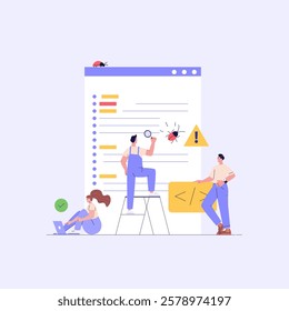 Software testing illustration. Coders working with code testing and debugging, searching bugs. Concept of software testing, bug report, quality assurance, fixing program code. Vector flat design