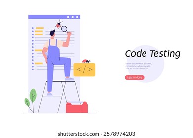 Software testing illustration. Coders working with code testing and debugging, searching bugs. Concept of software testing, bug report, quality assurance, fixing program code. Vector flat design