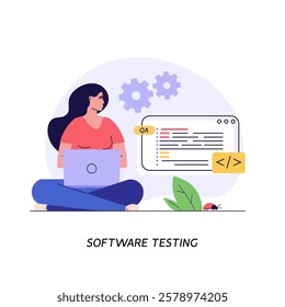 Software testing illustration. Coders working with code testing and debugging, searching bugs. Concept of software testing, bug report, quality assurance, fixing program code. Vector flat design