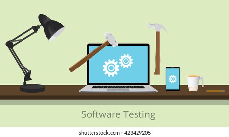 software testing illustration with laptop and gear and hammer illustrated to test the software vector graphic illustration