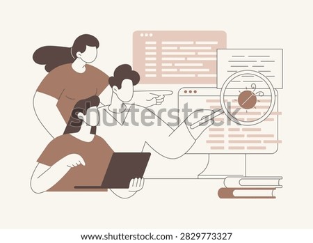 Software testing isolated cartoon vector illustrations. Group of students test software together using computer, co-working space, master degree, web development process vector cartoon.