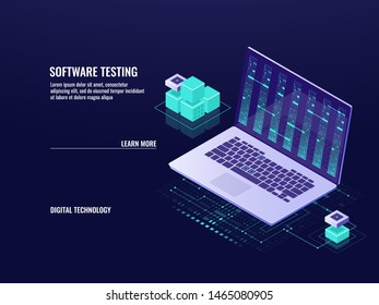 Software testing isometric icon, laptop with program code on screen, big data processing concept, machine learning, programming language, neutral network, 3d dark vector gradient