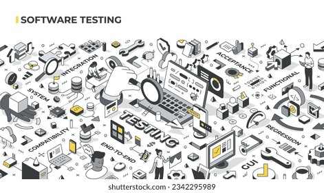 Software testing isometric illustration. The focus is on various types of testing such as compatibility, integration, end-to-end, gui, acceptance, functional, regression. Large detailed illustration