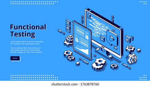 Software testing isometric landing page. Functional test, mobile application and website platform development, dashboard usability optimization for computer and tablet pc 3d vector line art web banner