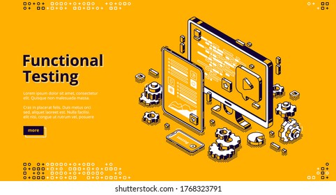 Software testing isometric landing page. Functional test, mobile application and website platform development, dashboard usability optimization for computer and tablet pc 3d vector line art web banner