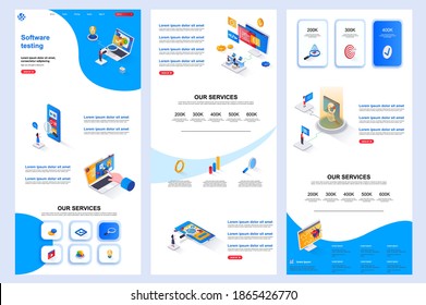 Software testing isometric landing page. Programs debugging and optimization corporate website design template. Web banner template with header, middle content, footer. Isometry vector illustration.