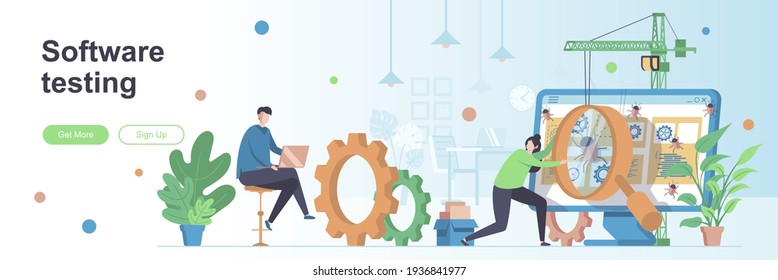 Software testing landing page with people characters. Programs testing, debugging process web banner. Software engineering vector illustration. Flat concept great for social media promotional material