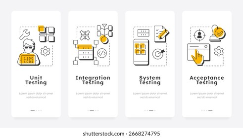 Software testing levels mobile app onboarding screens. Programming process. System integration, technology. Flat UI UX design, orange highlight with outline icons conceptual