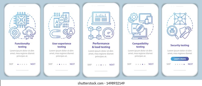 Software testing onboarding mobile app page screen vector template. Computer program development. Walkthrough website steps with linear illustrations. UX, UI, GUI smartphone interface concept