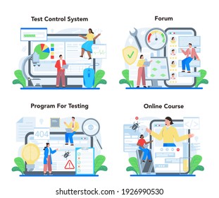 Software testing online service or platform set. Application or website code test process. IT specialist searching for bugs. Online test control, forum, course. Vector flat illustration