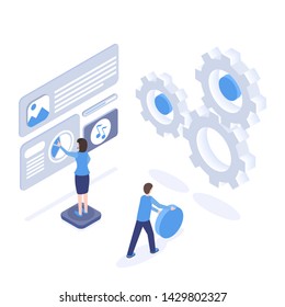 Software testing and optimization isometric illustration. Programmers creating mobile application interface, developer engineering app 3d cartoon characters. SEO, digital marketing isolated clipart