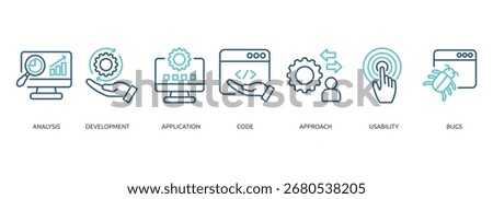 software testing outline color banner icon of analysis, development, application, code, approach, usability bugs