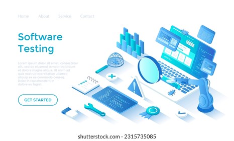 Softwaretest. Prozessbewertungssoftware-Anwendung oder Website. Computercodeanalyse. Feststellung und Beseitigung von Mängeln. Landing page Template für Web auf weißem Hintergrund.	
