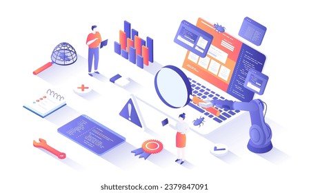 Software Testing. Process evaluation software application or website. Computer code analysis. Identification, removal of defects, bugs, errors. Isometry illustration with people scene for web graphic.