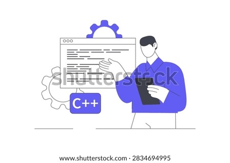Software Testing Program and C++ Code Development Process. Male Specialist Working with Tablet near Code Screen and C Plus Plus Programming Tag. Flat Cartoon Vector Illustration, icon Stylish abstract design landing page web