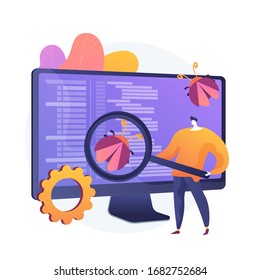 Software testing. Programmer cartoon character with magnifier looking for defects in programme, application. Software bugs, errors, risks. Vector isolated concept metaphor illustration