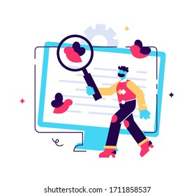 Software testing. Programmer cartoon character with magnifier looking for defects in programme, application. Software bugs, errors, risks. Flat style vector isolated concept metaphor illustration