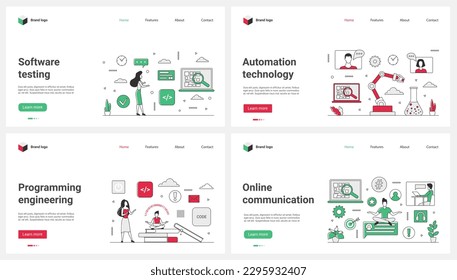 Software testing, programming and engineering automation, online communication and usability set vector illustration. Cartoon tiny engineers work with program code, robot help people to find bugs