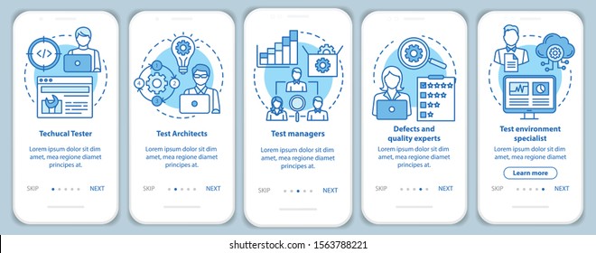 Software testing roles blue onboarding mobile app page screen vector template. Qulity control experts. Walkthrough website steps with linear illustrations. UX, UI, GUI smartphone interface concept