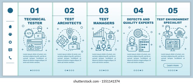 Software testing roles onboarding mobile web pages vector template. IT analysts. Responsive smartphone website interface idea with linear illustrations. Webpage walkthrough step screens. Color concept