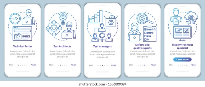 Software testing roles onboarding mobile app page screen vector template. Qulity control experts. Walkthrough website steps with linear illustrations. UX, UI, GUI smartphone interface concept