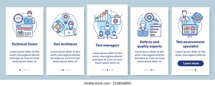 Software testing roles onboarding mobile app page screen with linear concepts. Qulity control experts walkthrough steps graphic instructions. UX, UI, GUI vector template with illustrations