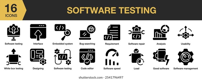 Software Testing Solid Icon Set. Umfasst Analyse, Fehlersuche, Code-Editor, Design, eingebettetes System und mehr. Vektorgrafik mit durchgezogenen Symbolen.