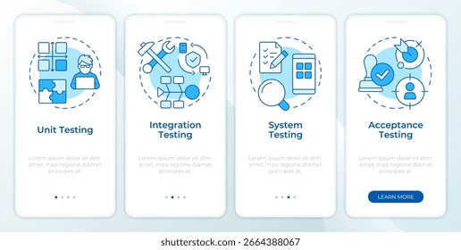Testes de software tipos tela de aplicativo móvel onboarding azul. Passo a passo 4 passos instruções gráficas editáveis com conceitos lineares. IU, UX, GUI