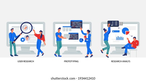 Software testing and user experience research banners set with developers characters. User experience, prototyping and web development, flat vector illustration isolated.