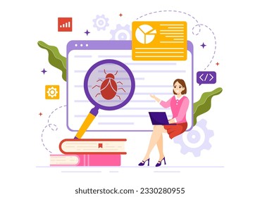 Ilustración de vectores de pruebas de software con ingeniería de aplicaciones, proceso de desarrollo de depuración, programación y codificación en plantillas dibujadas a mano