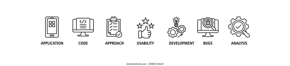 Software Testing Web Banner concept icon set vector illustration contain application, code, approach, usability, development, bugs and analysis.