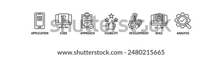 Software Testing Web Banner concept icon set vector illustration contain application, code, approach, usability, development, bugs and analysis.
